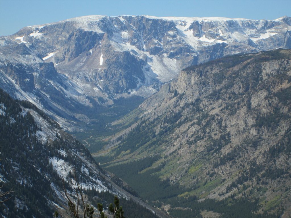 View of Beartooth Highway far below from the top of Beartooth Pass